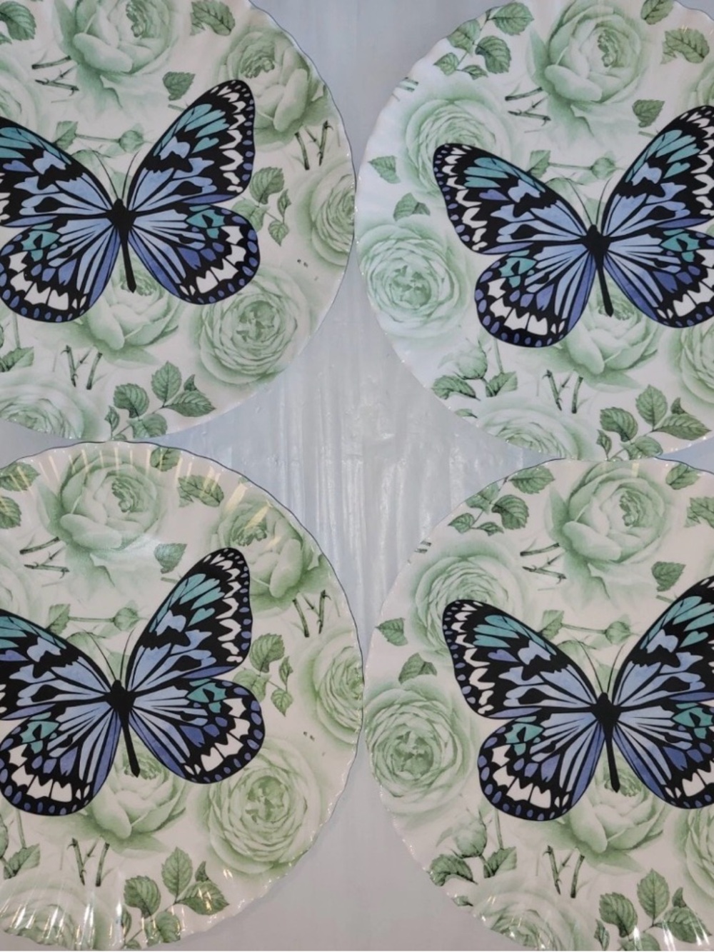 Set 4 BUTTERFLY & ROSES Rachel Zoe 10.75” Melamine Dinner Plates Indoor Outdoor